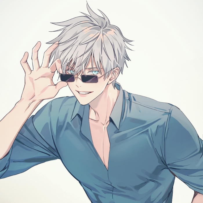 Hình gojo anime mặc áo sơ mi xanh lãng tử