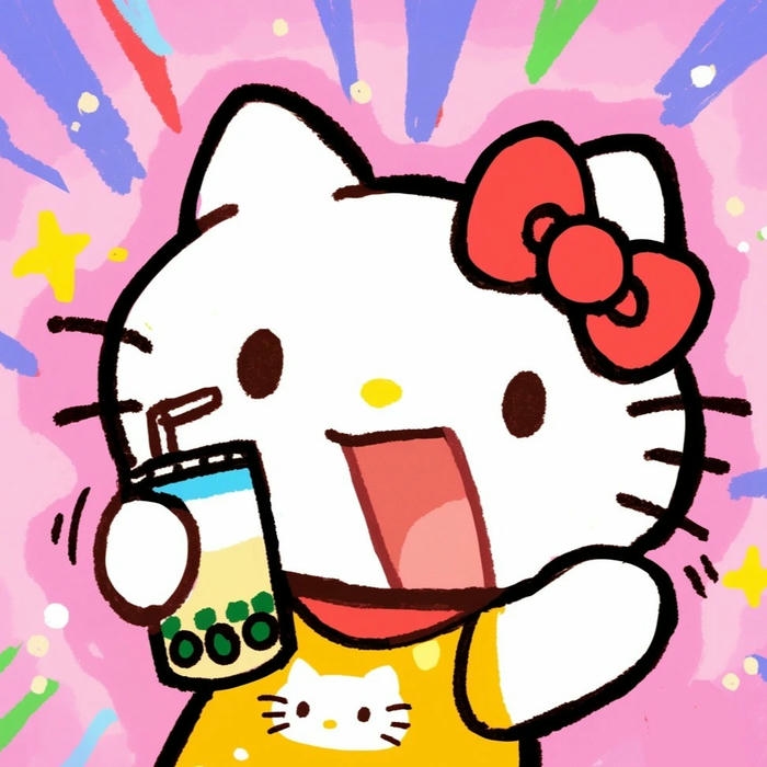 Hình nền kitty dễ thương đang uống trà sữa ngon