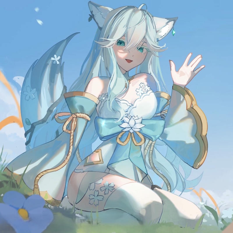 Hồ ly tóc xanh dương ngồi thiền giữa hồ nước trong