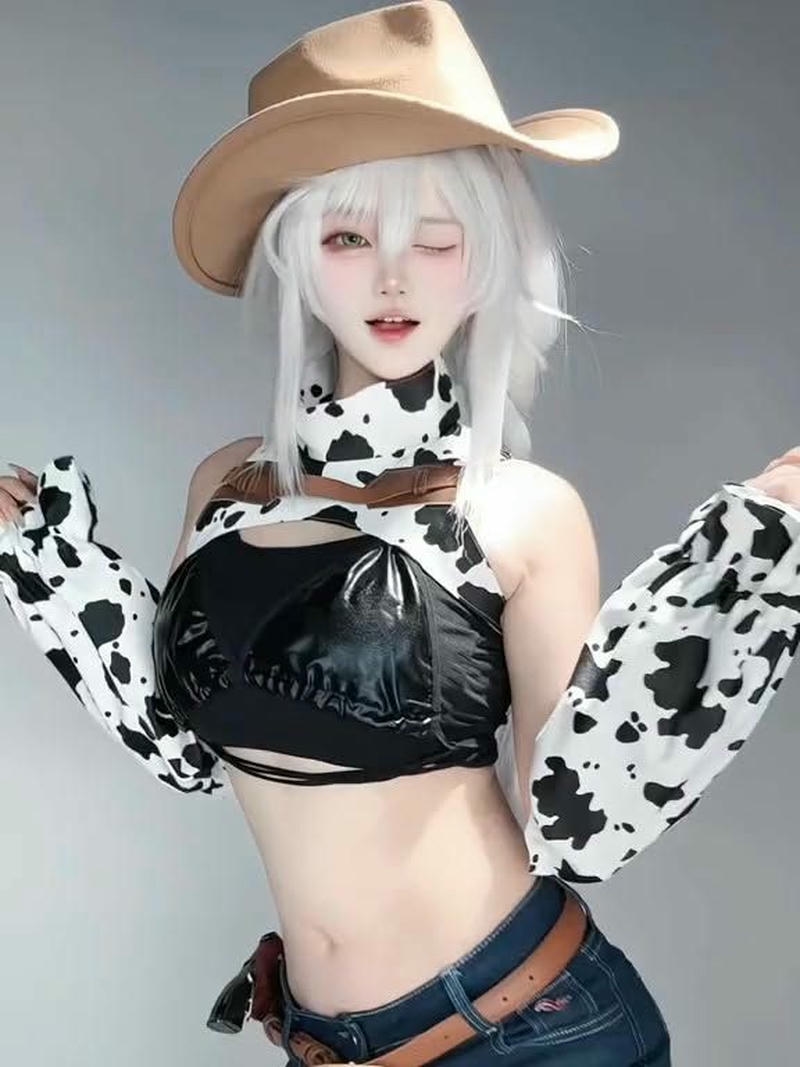 Hóa trang bò sữa tóc bạch kim đội mũ cao bồi