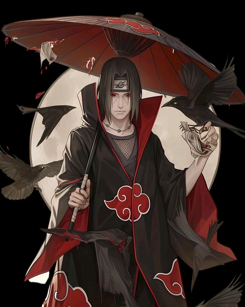 Itachi đứng dưới ánh trăng máu đỏ rực đáng sợ
