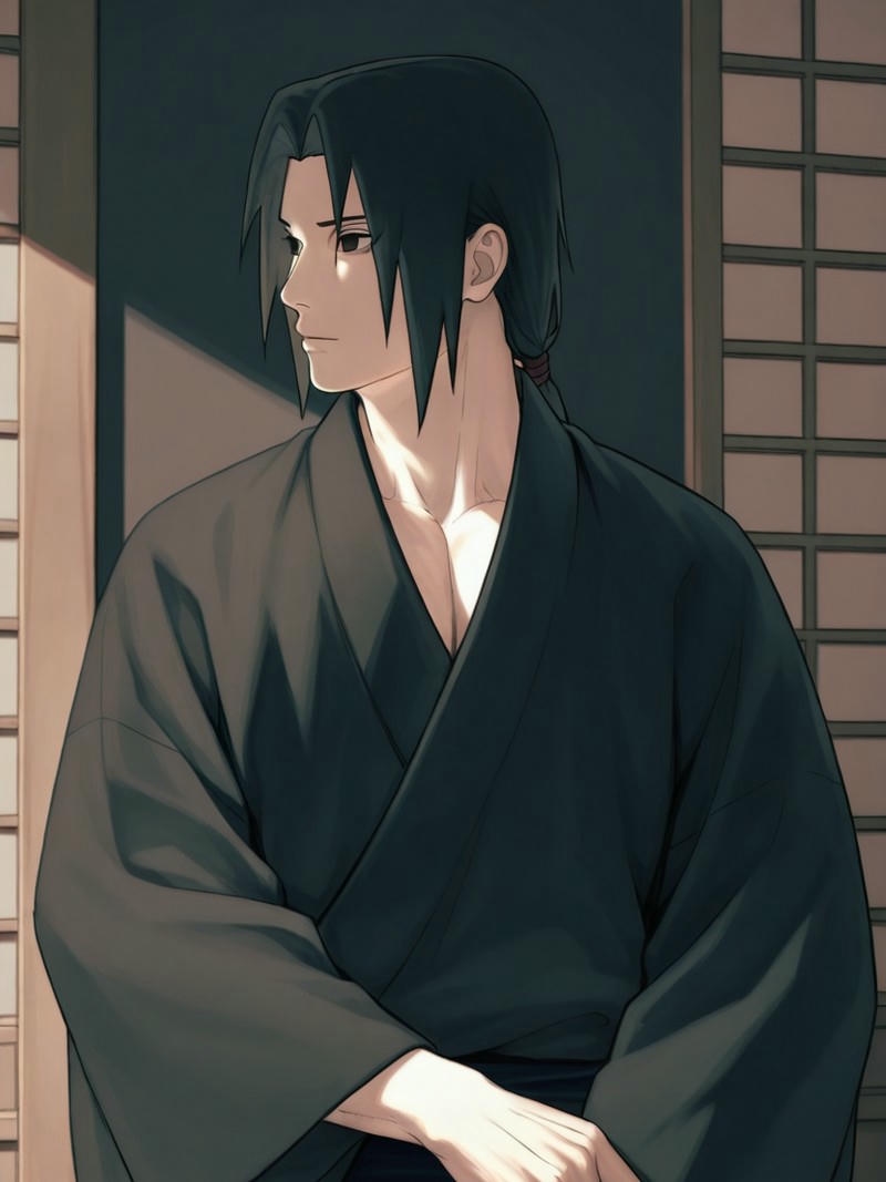 Itachi mặc kimono truyền thống nhìn xa xăm u buồn