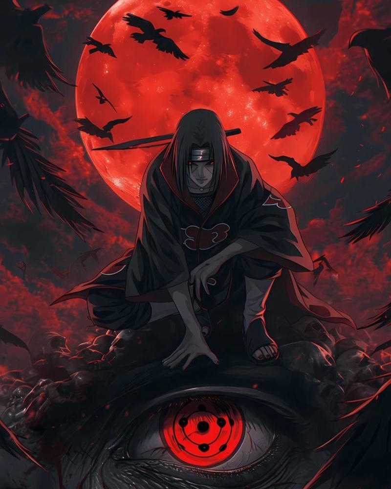 Itachi ngồi trầm tư trên mỏm đá dưới ánh trăng