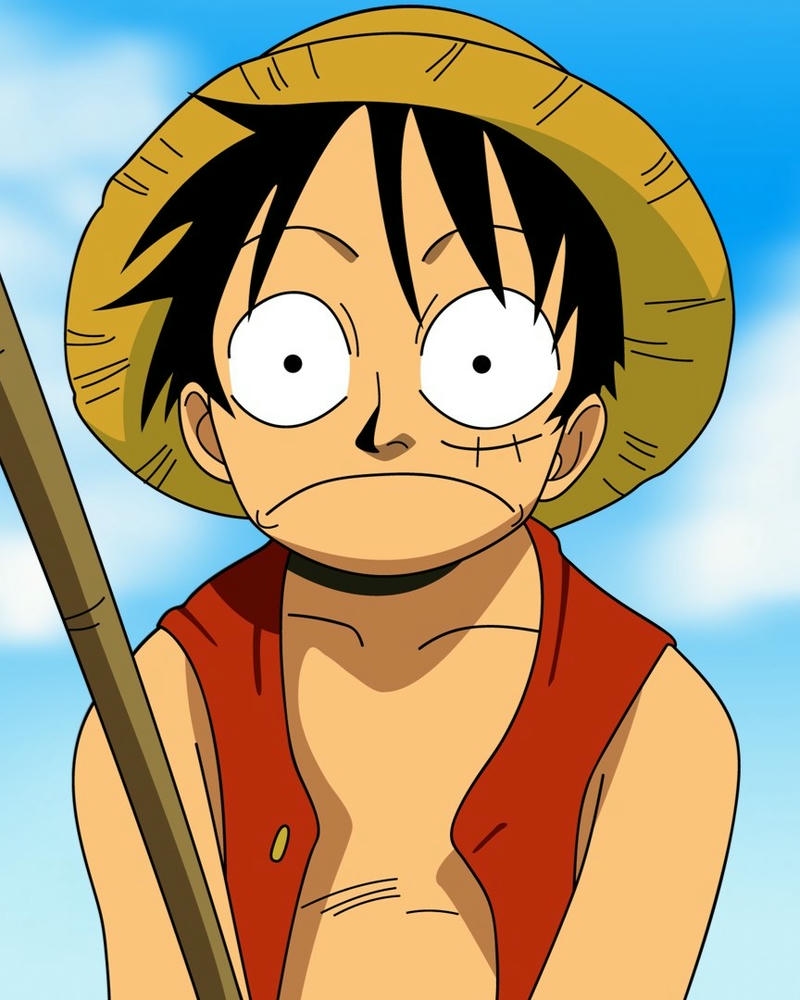 Luffy cầm gậy tre đi dạo trên cánh đồng lúa