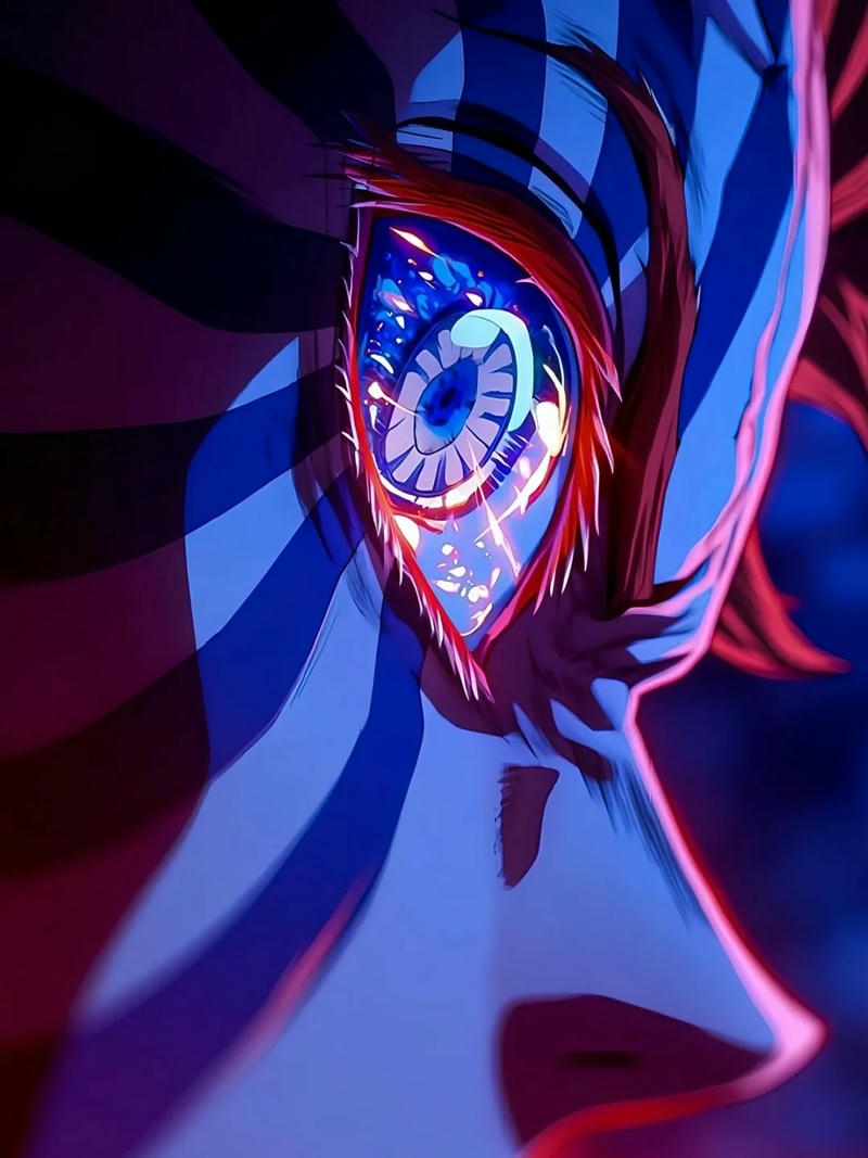 Mắt của Akaza cận cảnh khắc chữ Thượng Huyền Tam