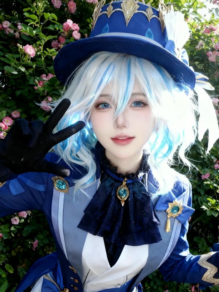 Thủy thần Furina cosplay cười tươi trong vườn hoa đầy nắng
