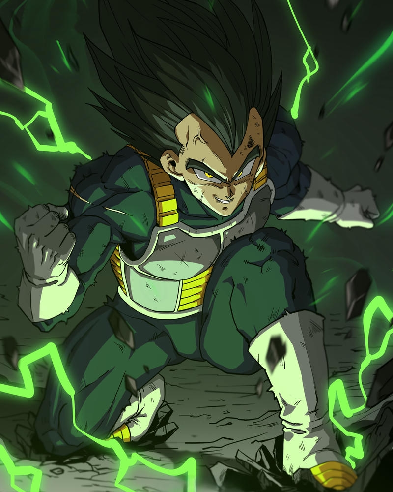 Vegeta mặc áo khoác xanh lá cây trong hang động tối