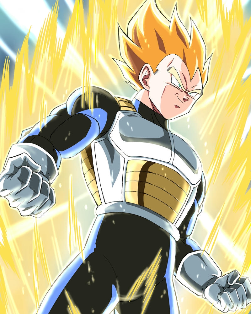 Vegeta tóc vàng tư thế sẵn sàng chiến đấu quyết liệt