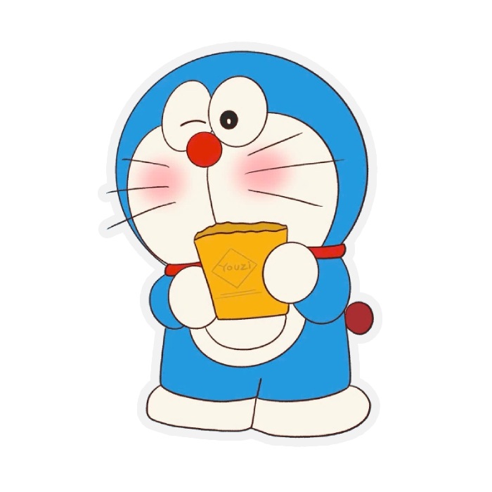 ảnh sticker doraemon cầm túi ăn vặt