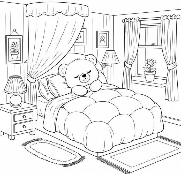 ảnh tô màu cái giường phòng bé