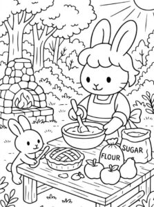 ảnh tô màu con thỏ đang nướng bánh