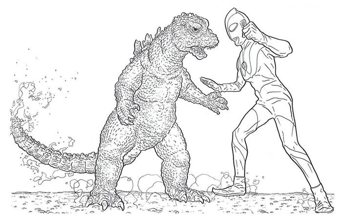 ảnh tô màu ultraman chiến đấu khủng long