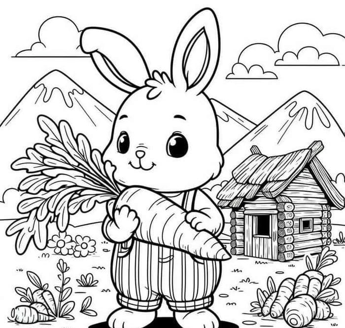 ảnh tranh tô màu con thỏ ăn củ cà rốt