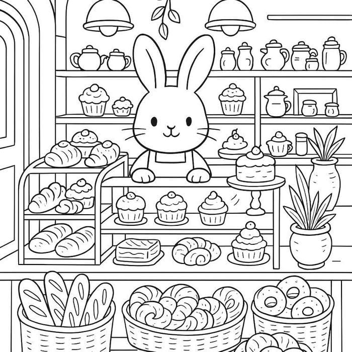 ảnh tranh tô màu con thỏ bán bánh