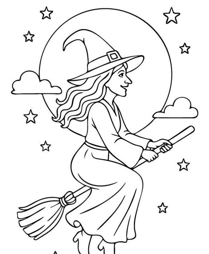 hình ảnh tô màu phù thủy bay trên trời