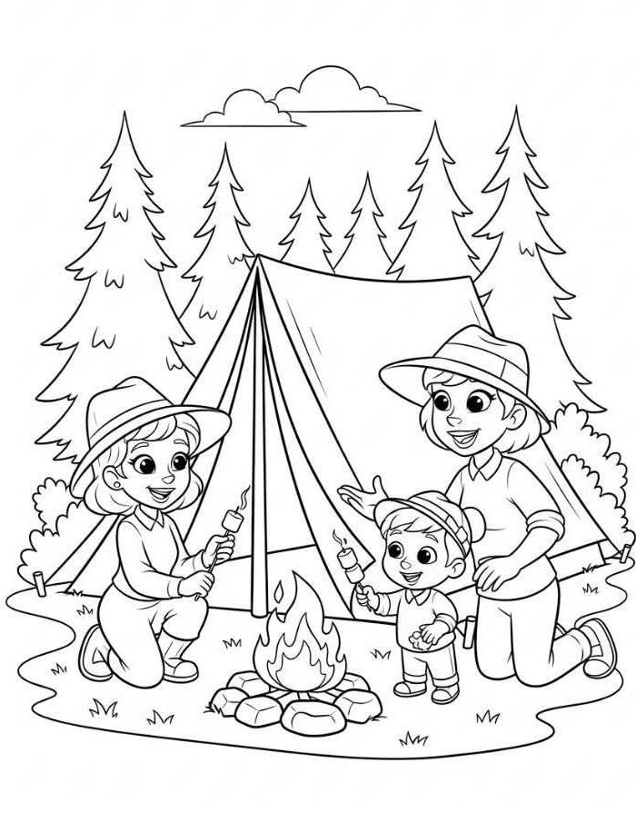 hình ảnh tranh tô màu cắm trại gia đình