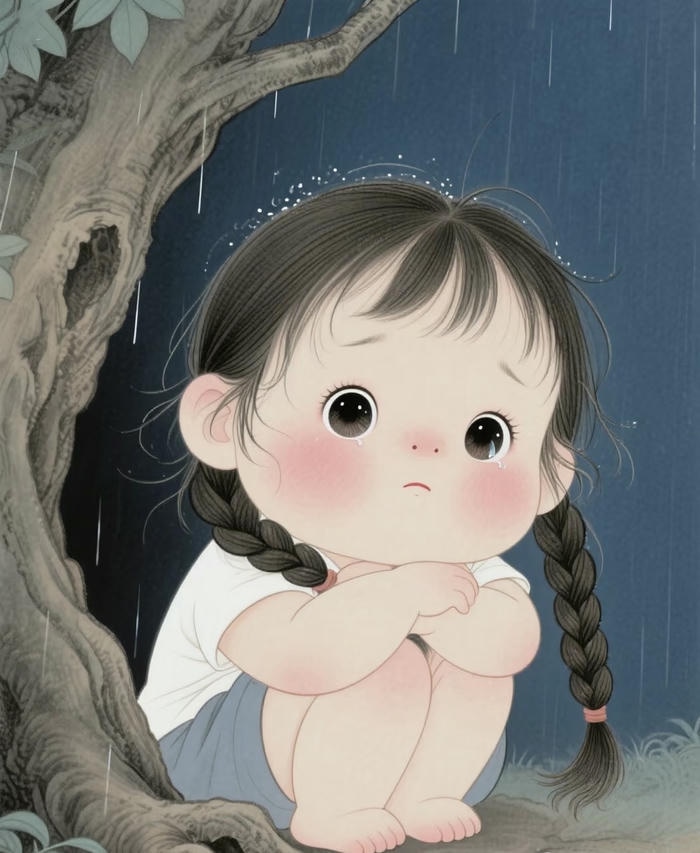 hình chibi buồn trong cơn mưa