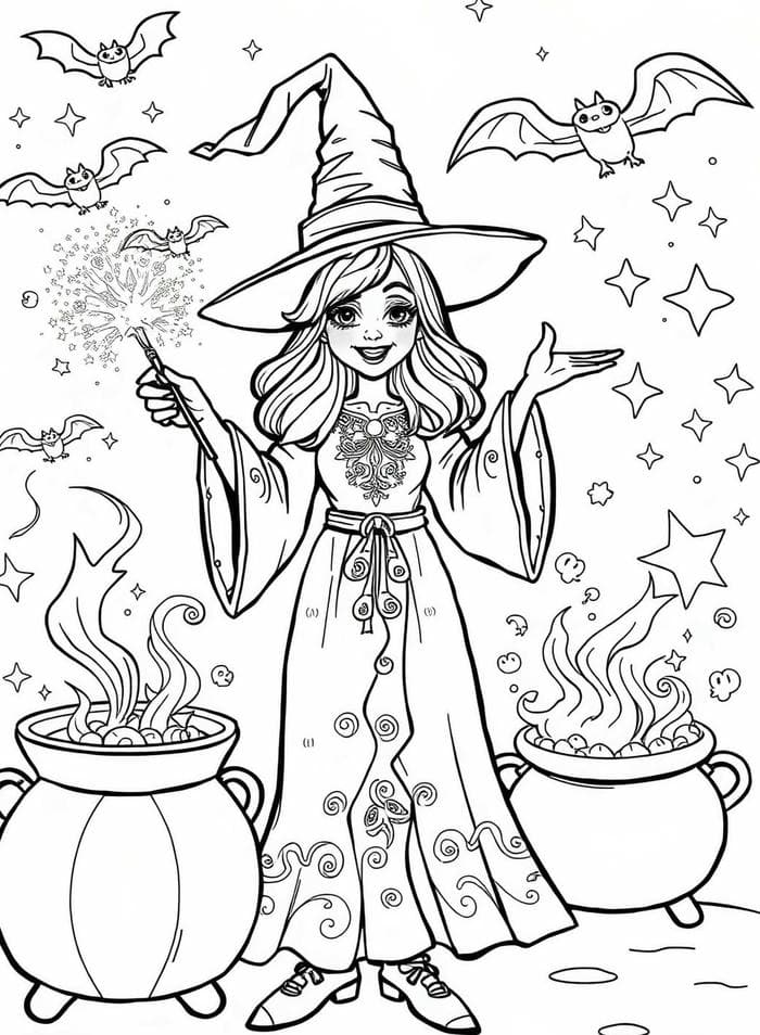 hình tô màu phù thủy cầm đũa phép