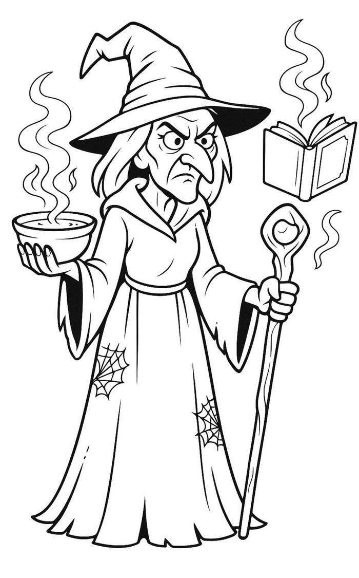 hình tô màu phù thủy cùng sách phép