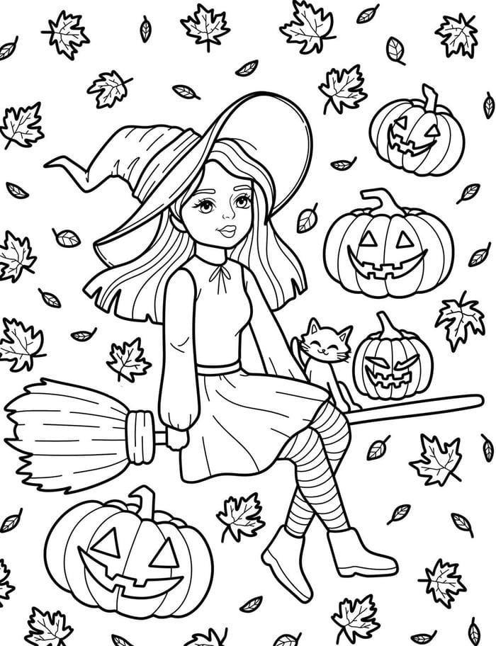 hình tô màu phù thủy đứng cạnh mèo