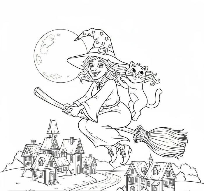 hình tô màu phù thủy trong đêm trăng