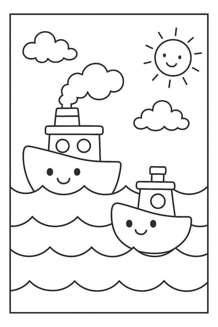 hình tô màu tàu trên biển cho bé 4-5 tuổi
