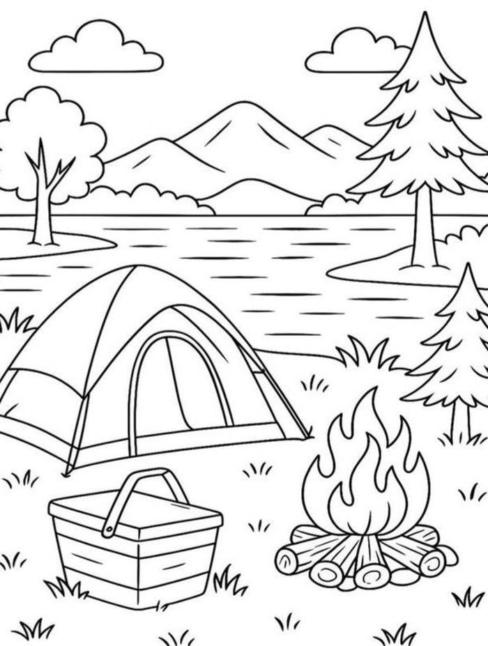 hình tranh tô màu cắm trại bên bờ sông