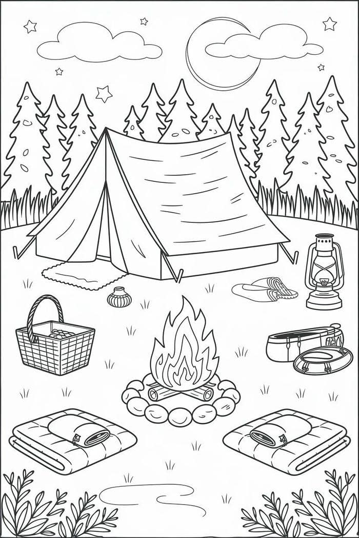 hình tranh tô màu cắm trại ngoài trời