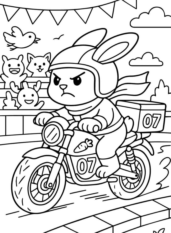 hình tranh tô màu con thỏ đua xe