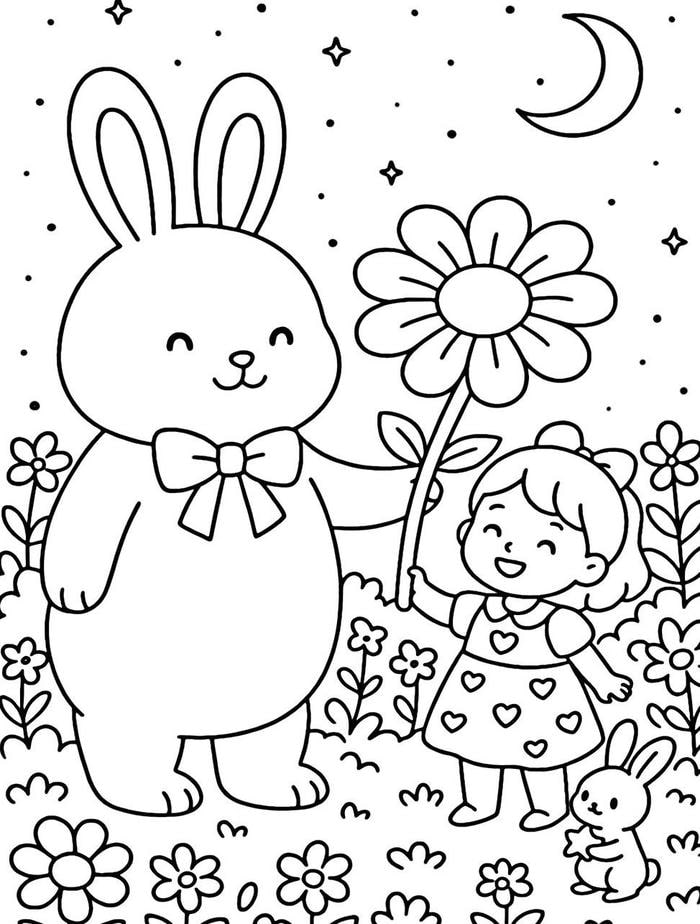 hình tranh tô màu con thỏ và em bé