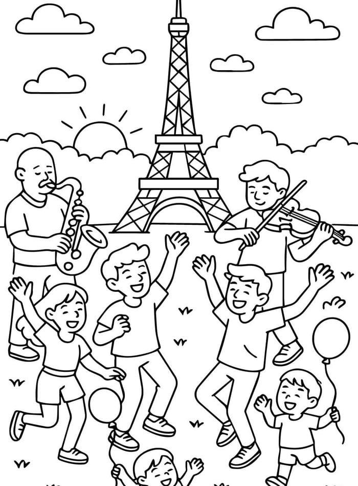 hình tranh tô màu vui vẻ dưới tháp eiffel