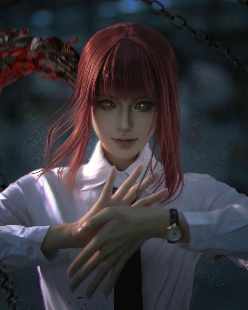 makima cosplay đan tay vào nhau ánh mắt nhìn sắc bén