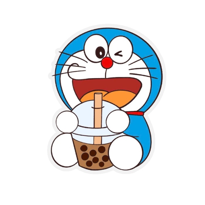 ngồi uống trà sữa thích thú sticker doraemon