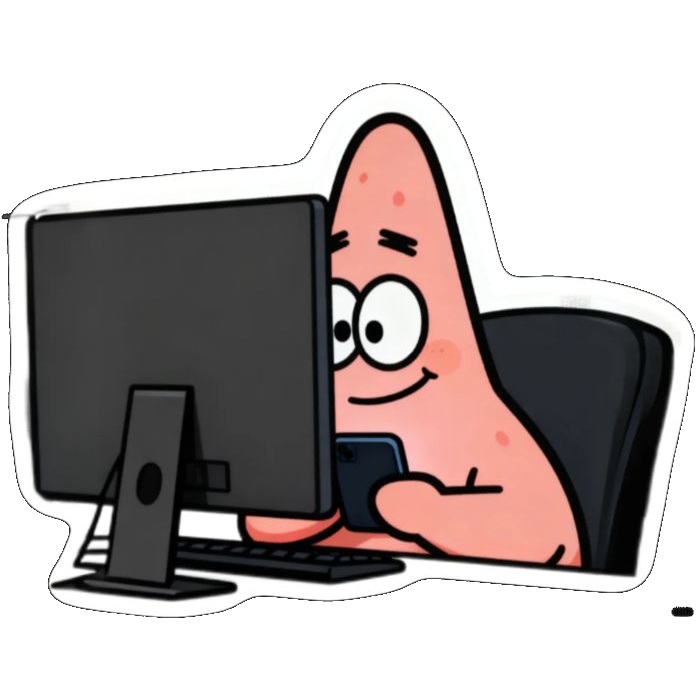 sticker hài sao biển ngồi trước máy tính