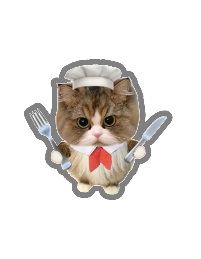 sticker mèo cầm dao nĩa ngồi bàn