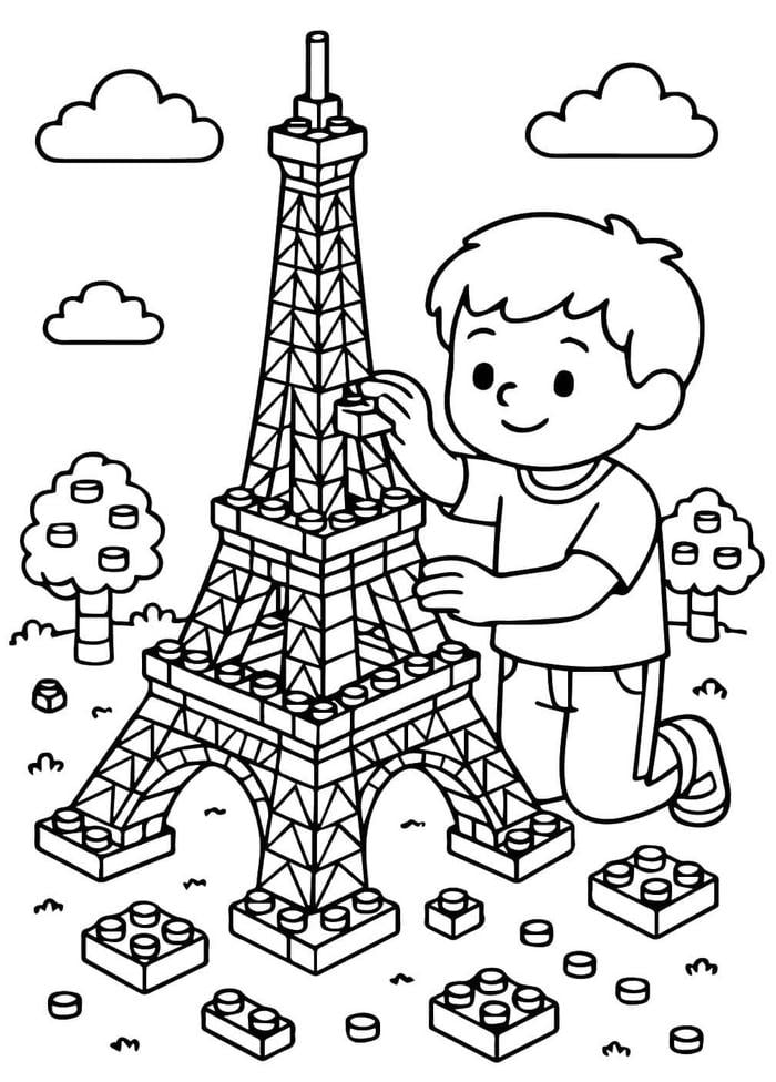 tranh tô màu bé lắp ghép tháp eiffel