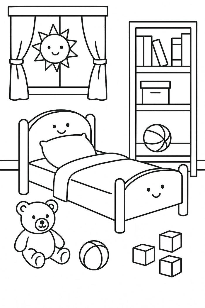 tranh tô màu cái giường trong phòng ngủ