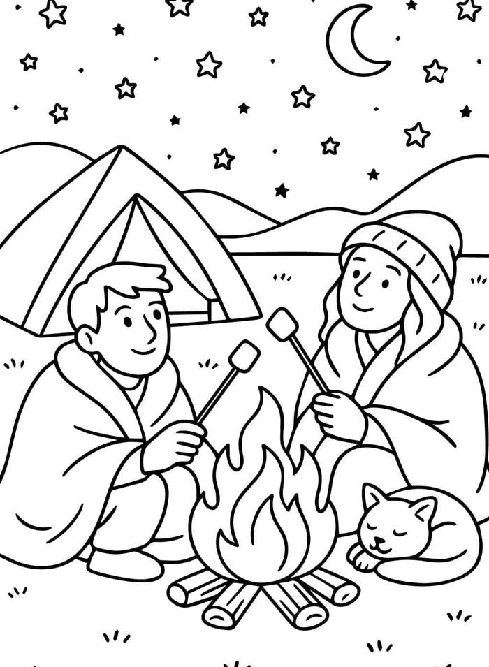 tranh tô màu cắm trại bầu trời sao đêm