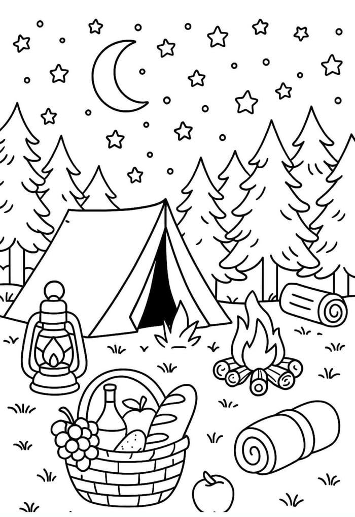 tranh tô màu cắm trại lều vải rừng thông