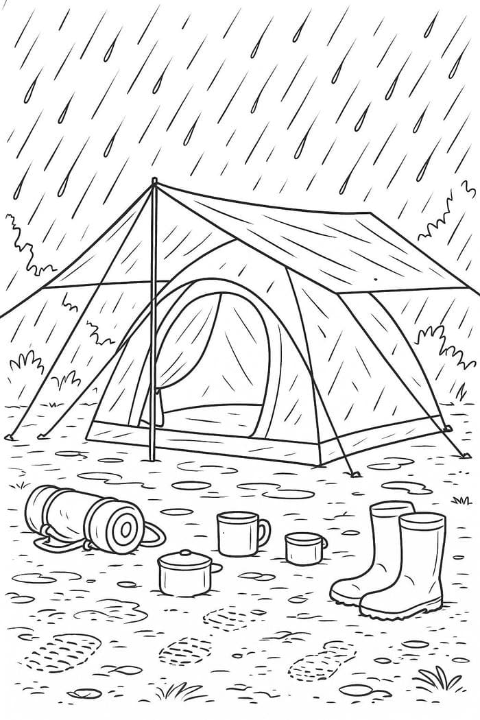 tranh tô màu cắm trại trời mưa