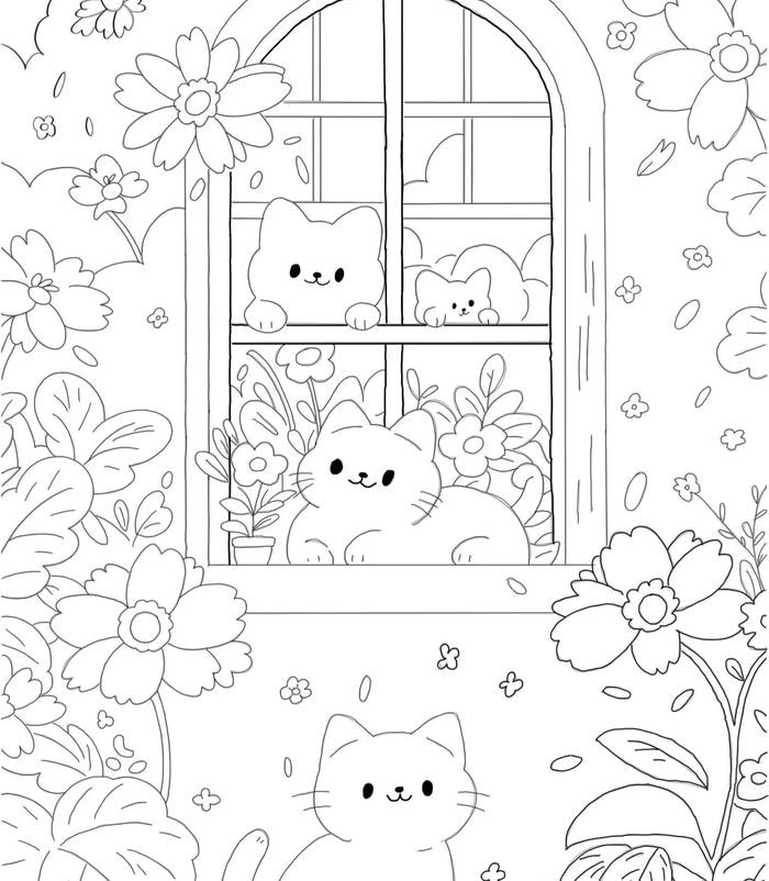 tranh tô màu mèo bên cửa sổ