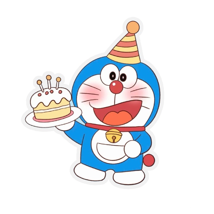 vui vẻ cầm bánh sinh nhật sticker doraemon