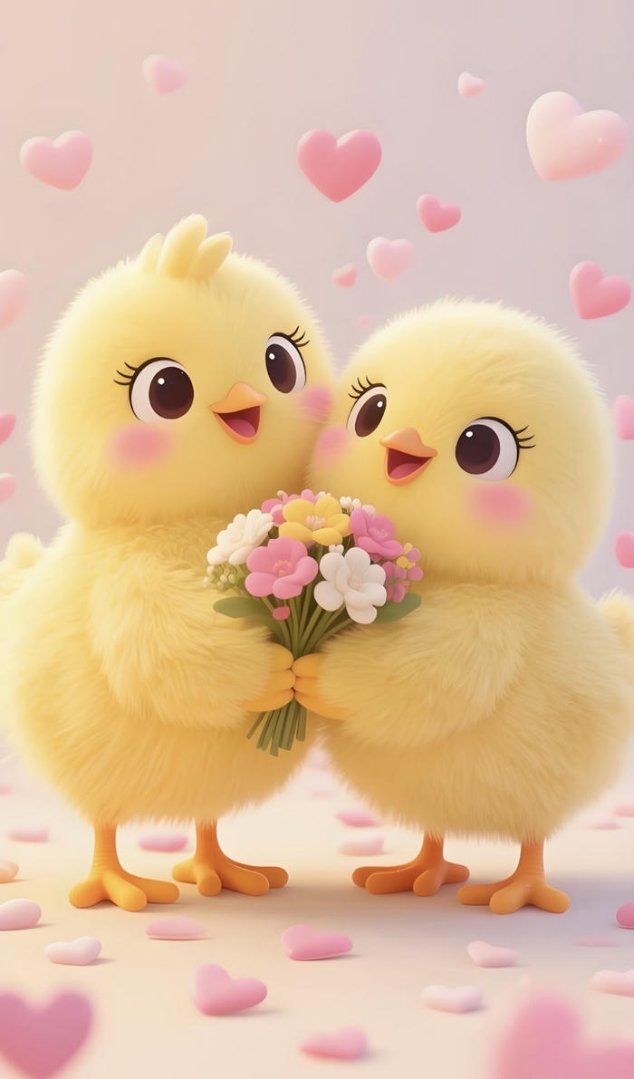 Ảnh hoạt hình 2 con gà chibi ôm nhau