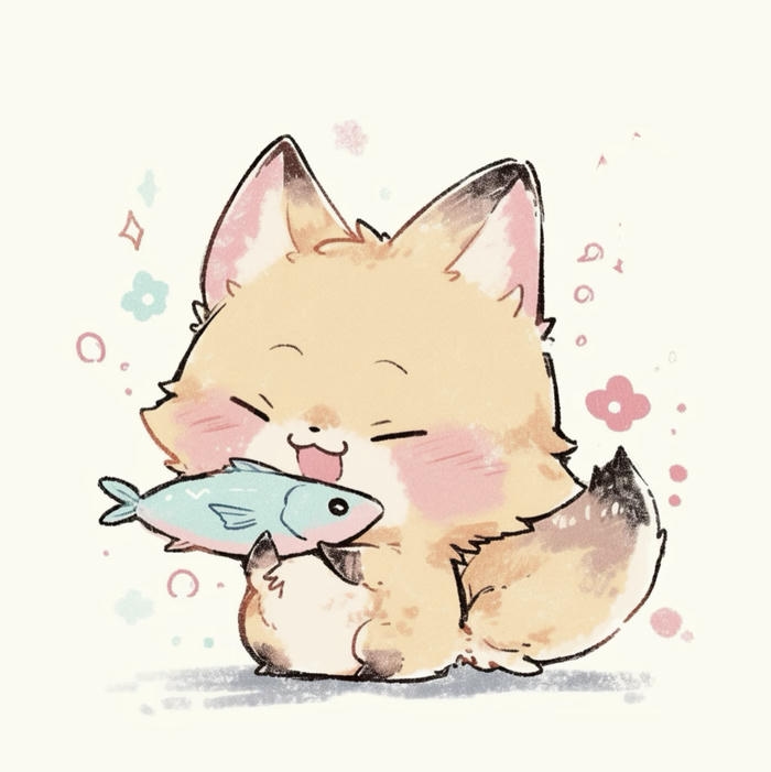 Ảnh hoạt hình con cáo chibi đáng yêu ăn cá