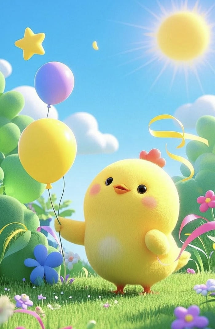 Ảnh hoạt hình con gà chibi chơi với bóng bay