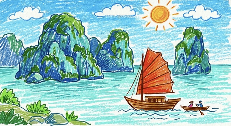 Ảnh vẽ Vịnh Hạ Long với đảo đá kỳ vĩ