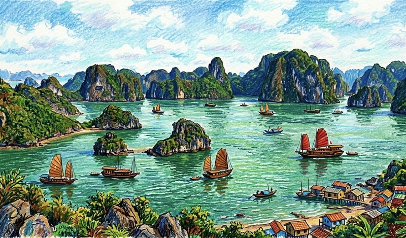 Ảnh vẽ Vịnh Hạ Long với mây trời và đảo đá