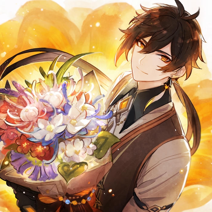 Avatar cho nam chàng trai tóc nâu cười bên hoa