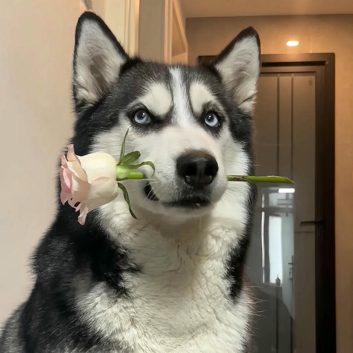 Avatar chó ngầu Husky ngậm bông hoa trắng mờ