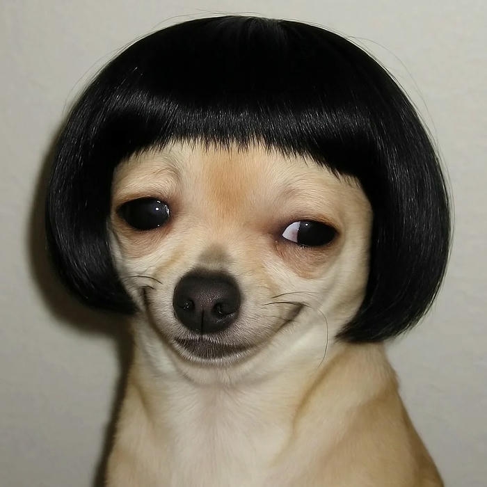 Avatar con chó Chihuahua đội tóc giả đen ngắn